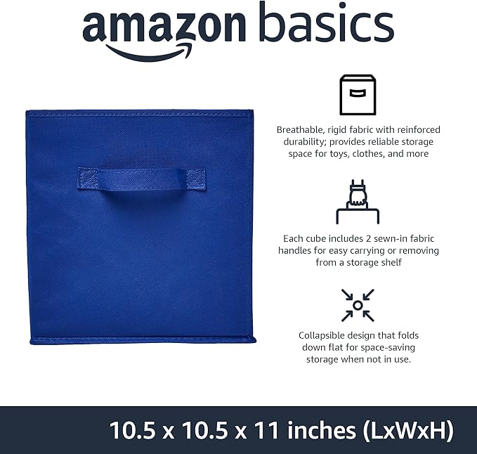 Amazon Basics Cube Organizer Storage Bins Handles, Collapsible Fabric, Pack of 6, 10.5"x10.5"x11", Navy-Ruum Studio Home