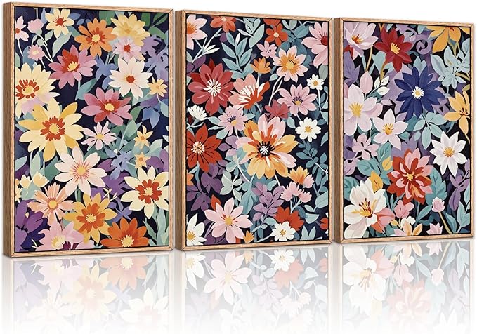 HLNIUC Boho Floral Framed Canvas Wall Art,Colorful Wildflower Landscape Wall Decor Set of 3(16”x24”)Rustic Bohemian Style Flower Art Print,Modern Botanical Floral Wall Painting for Living Room Bedroom-Ruum Studio Home