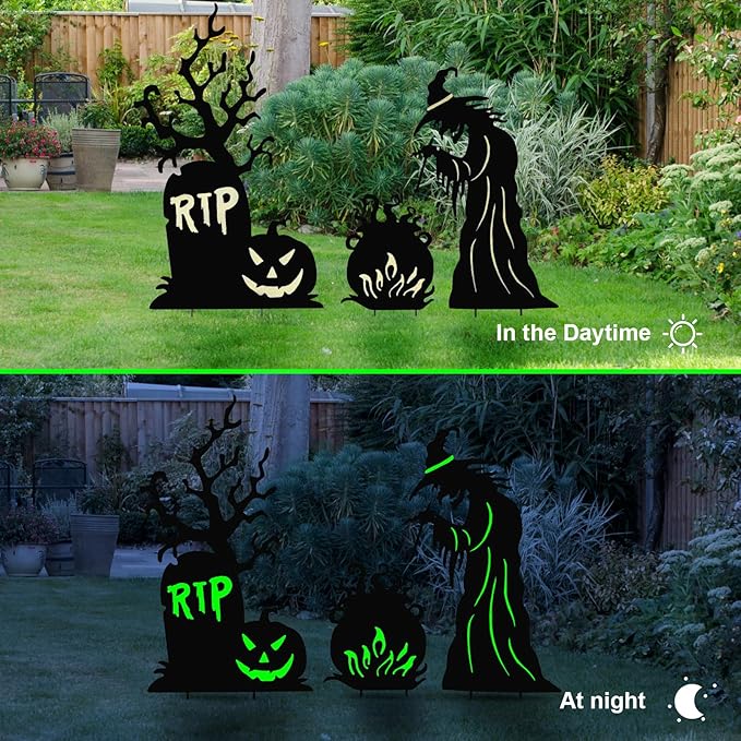 Halloween Yard Signs Outdoor Decorations，3 Pack Warerproof Scary Witch Tombstone Cauldron Fluorescent Metal Stakes Glow in The Dark for Lawn Garden Halloween Decor (Witch Tombstone Cauldron)-Ruum Studio Home