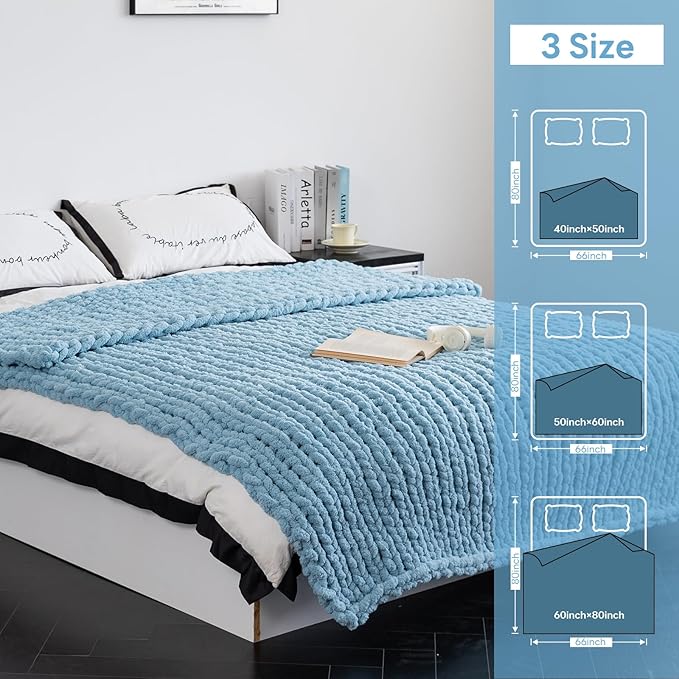 Chunky Knit Blanket - Luxury Soft Cozy 50 * 60 Throw Blanket,100% Woven Blanket Rope Knot Throw Blanket for Couch, Sofa, Home Decor, Gift - Machine Washable（Light Blue）-Ruum Studio Home