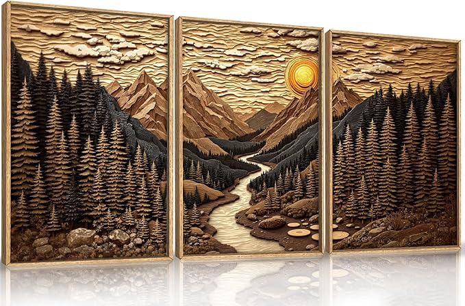 HPINUB Abstract Landscape Mountain Canvas Wall Art Set, Vibrant Sun Forest Pine Tree Wall Decor, Wilderness Nature River Artwork Rustic Scenery Art Print for Living Room,Bedroom,Office-16 x24 x3-Ruum Studio Home