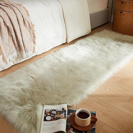 AMTOVO Faux Fur Rug, Light Grey Ultra Soft Fluffy Shag Sheepskin Rug, 2 x 6 ft Runner Area Rugs for Bedroom Sofa Throw Cushion Room Decor, Rectangle-Ruum Studio Home