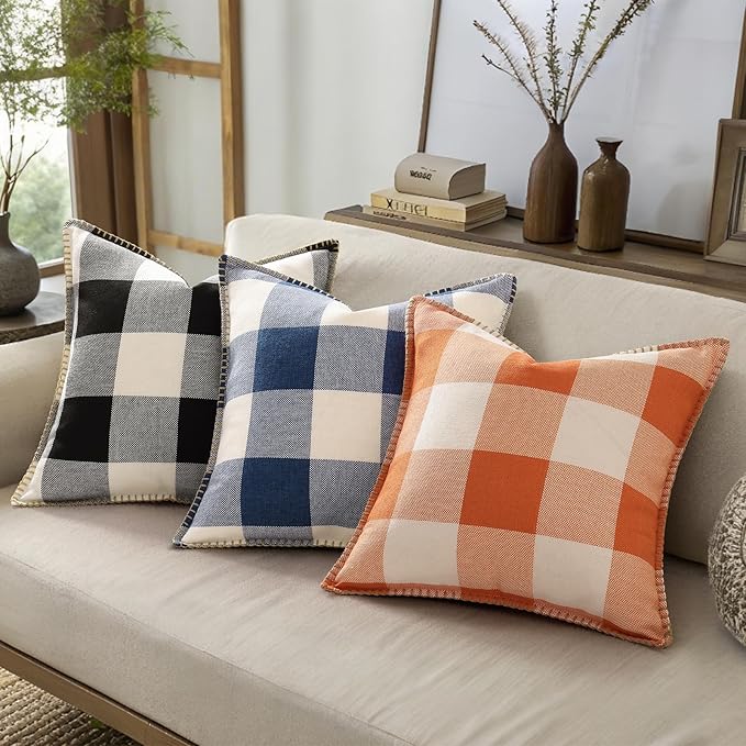 decorUhome Buffalo Plaid Check Throw Pillow Covers 12x20 Set of 2, Outdoor Lumbar Decorative Farmhouse Neutral Pillow Covers with Stitched Edge for Bed Couch Sofa, Navy Blue and White-Ruum Studio Home