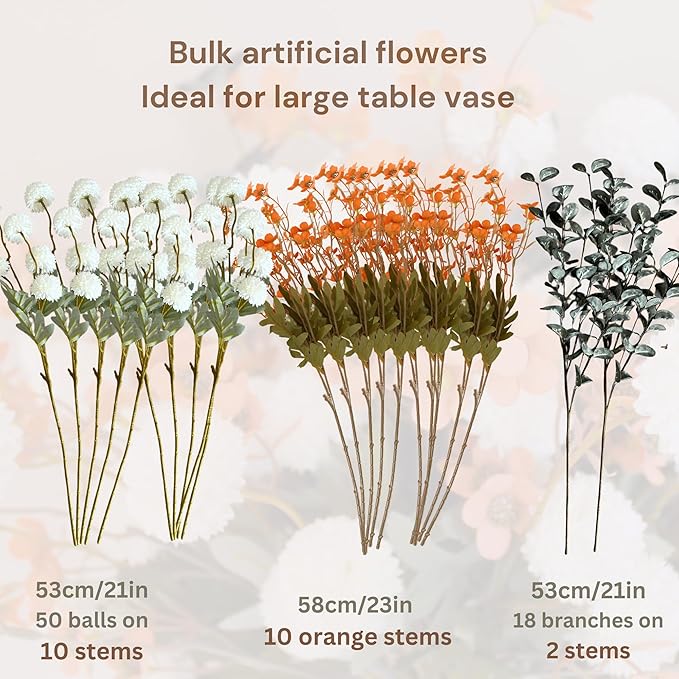 RyddeligHome Artificial White Kiku & Orange Wax Flowers, Bulk Silk Flowers with Long Stems for Vases, Spring Floral Stems Arrangements for Home Decor, Centerpieces for Tables, Rustic Decorations-Ruum Studio Home