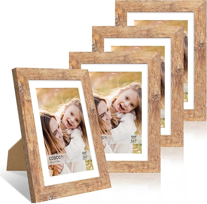 5x7 Picture Frame Set of 4, 5 x 7 Wood Photo Frames with Mat for 4x6, Natural Wooden Frame with Real Glass Cover for Wall and Tabletop Display,Brown-Ruum Studio Home