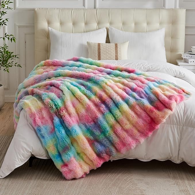 Lotus Karen Faux Fur Blanket Rainbow Twin Size - Big Bubble Rabbit Fluff Blanket for Couch, Small Fluffy Fuzzy Cozy Blanket, Thick Furry Plush Shaggy Blankets, 60x80 Inches-Ruum Studio Home