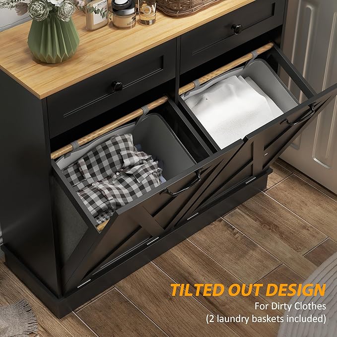 HOMCOM Tilt Out Laundry Hamper Cabinet with 2 Removable Baskets, Freestanding Bathroom Storage Cabinet with 2 Drawers, Trash Can Cabinet for Living Room, Laundry Room, Black-Ruum Studio Home
