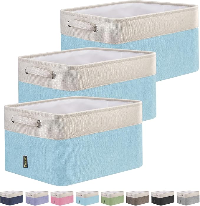 BALEINE 3 Pack Fabric Storage Bins for Shelves, Linen Storage Baskets for Organizing, Decorative Closet Bins for Clothes, Home (Skyblue, 12"x8"x8")-Ruum Studio Home