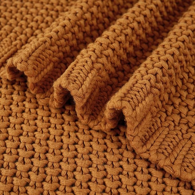 Chunky Cable Knit Throw Blanket Lightweight Burnt Orange 100% Organic Cotton Blanket for Sofa Couch Bed Baby Nursery, Rustic Shabby Chic Modern Farmhouse, 60” x 80” Give Laundering Bag-Ruum Studio Home