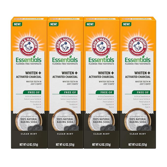 ARM & HAMMER Essentials Fluoride-Free Toothpaste Whiten + Activated Charcoal-4 Pack of 4.3oz Tubes, Clean Mint- 100% Natural Baking Soda-Ruum Studio Home
