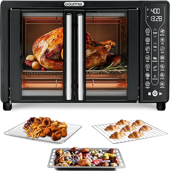 Gourmia Toaster Oven Air Fryer Combo 17 cooking presets 1700W french door digital air fryer oven 24L capacity accessories, convection rack, baking pan tray recipe book GTF7460,Large,Black-Ruum Studio Home
