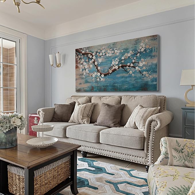Large Canvas Wall Art for Living Room- 100% Hand-Painted Oil Painting with Texture, Extra Large Gallery Wrapped Floral Plum Blossom Tree Artwork Blue Teal Lake Wall Picture for Bedroom, Office Decor-Ruum Studio Home