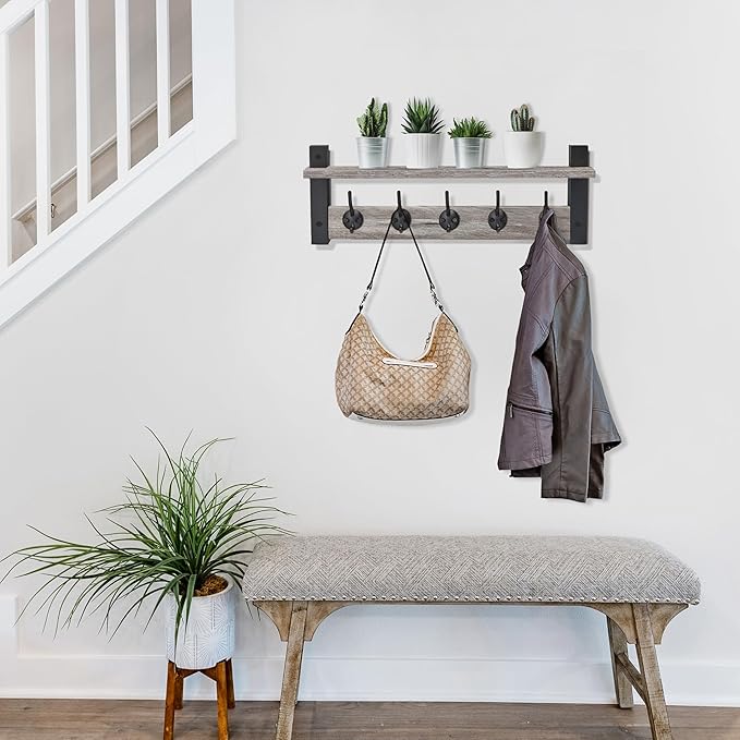 Sorbus Coat Hooks Wall Mount with Shelf – 24 Inch Coat Rack Wall Mount with 5 Heavy Duty Hooks – Floating Wall Shelf with Hooks for Entryway, Bathroom, Bedroom, Kitchen, or Mudroom (Gray)-Ruum Studio Home