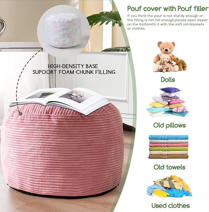 HIGOGOGO Round Stuffed Pouf Ottoman, Corduroy Poufs with Foam Chunk Filling, Furry and Fluffy Pouf Foot Stool Storage Ottoman, 20 X 15 Floor Poufs Foot Rest for Living Room, Pink-Ruum Studio Home