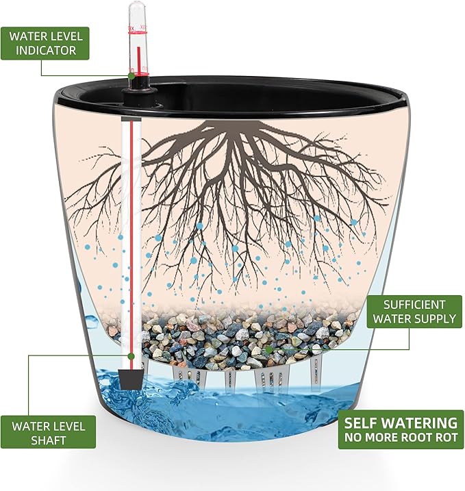 Dexceder 9x8 Inches High Gloss Self Watering Planter Indoor Outdoor, Inner Pot Design, Thickened Table Flower Plant Pot with Water Level Indicator (Black)-Ruum Studio Home