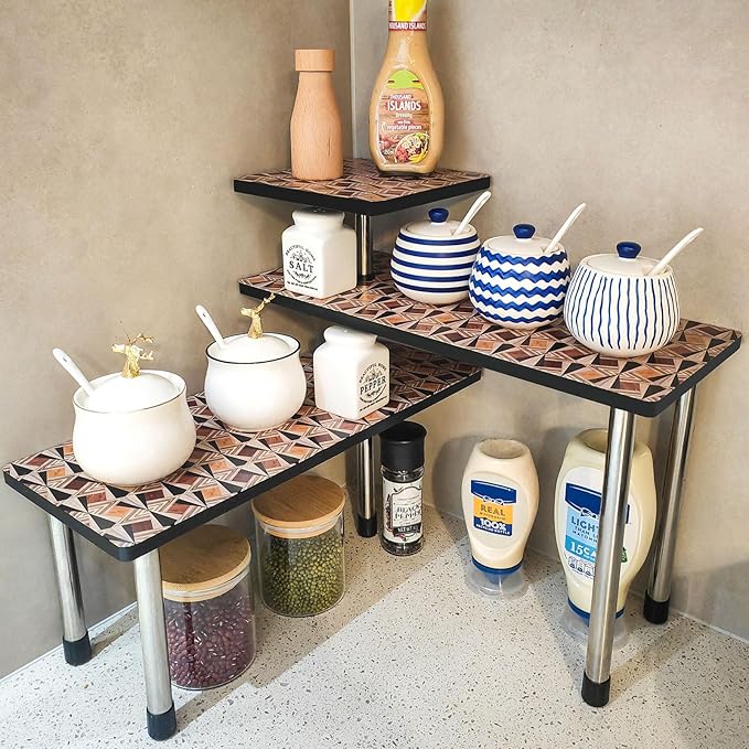 HYNAWIN 3-Tier Countertop Shelf,Desktop Storage and Organization,Bamboo Corner Shelf Over the Table With Printed Pattern-Adjustable Rack with Double Legs for Kitchen,Bed Room, Office-Ruum Studio Home