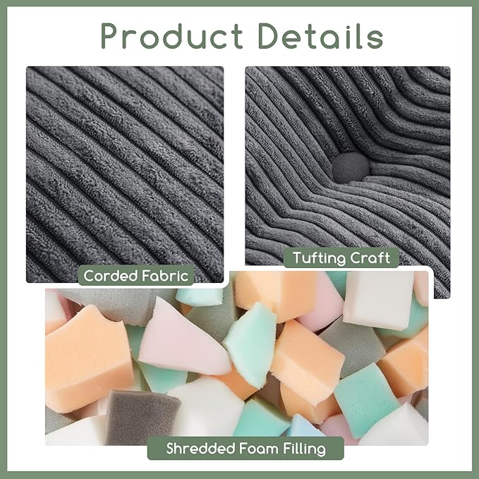 HIGOGOGO Square Stuffed Pouf Ottoman, Corduroy Poufs with Foam Chunk Filling, Furry and Fluffy Pouf Foot Stool Storage Ottoman, 25.6 X 25.6 Floor Poufs Foot Rest for Living Room, Dark Grey-Ruum Studio Home