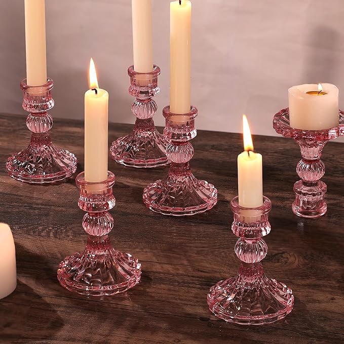 12PCS Pink Candlestick Holders Set- 4" H Taper Candle Holders, Glass Candle Holders Bulk for Wedding, Party, Home Table Centerpieces, Festival Gifts & Windowsill Decor-Ruum Studio Home
