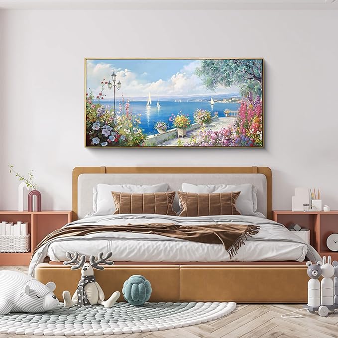 XLSJERST Large Coastal Wall Art - Ocean Seascape Canvas Yellow Green Flowers Painting Landscape Sailboat Picture Artwork Modern Large Framed for Living Room Bedroom Home Office Decor 24x48-Ruum Studio Home