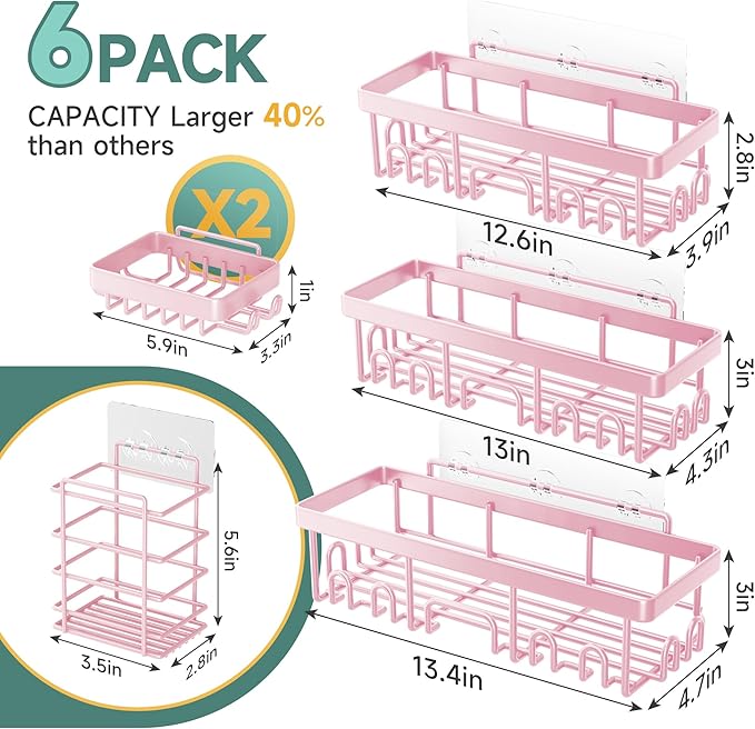 Veken Rustproof & Waterproof Shower Caddy 6-Pack, No Drilling Adhesive Shelves Rack with Soap Holder, Large Capacity Bathroom Organizers and Storage, Wall-Mounted Kitchen & Home Decor-Ruum Studio Home