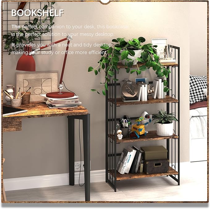 4NM No Assembly 4 Tiers Folding Bookshelf, 47.2" H Foldable Storage Shelves Vintage Bookcase Standing Racks Study Organizer Home Office - Rustic Brown Black-Ruum Studio Home