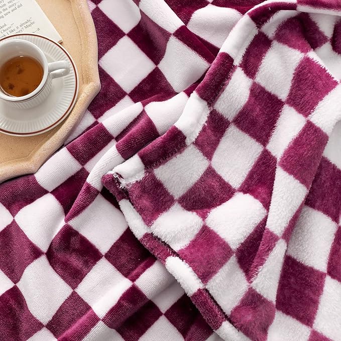 LOMAO Throw Blankets Flannel Blanket with Checkerboard Grid Pattern Soft Throw Blanket for Couch, Bed, Sofa Luxurious Warm and Cozy for All Seasons (Burgundy, 50"x60")-Ruum Studio Home