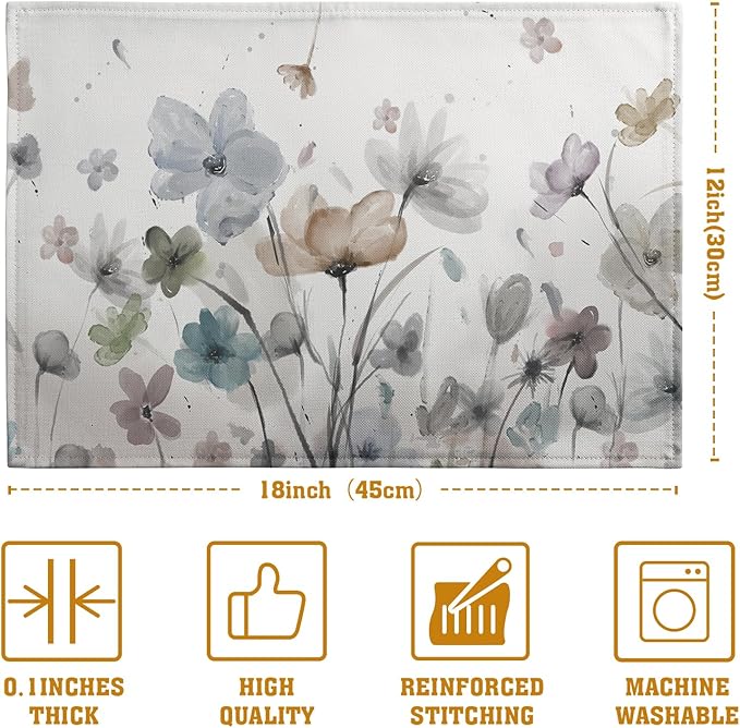 Flower Placemats Set of 4 Brown Cream Grey Poppy Flowers Table Mats Watercolor Rustic Vintage Floral Place Mat Farmhouse Linen Fabric Placemat for Party Kitchen Dining Outdoor Indoor Decor 12x18 Inch-Ruum Studio Home