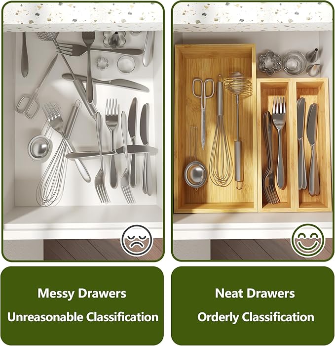 BAMEOS 3-Piece Bamboo Drawer Organizer, Utensil Organizer for Drawer, Junk Drawer Organizer for Kitchen Bathroom, Dressing Room, Office, Pantry (Natural)-Ruum Studio Home