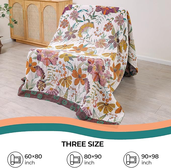 Premium Bed Throws- Boho Throw Blanket 80”x 90”,100% Cotton Ultra Soft Rustic Quilt Summer Blanket Travel Muslin Blanket Home Decor Large Bed Blankets All Season Throws for Women Mom-Ruum Studio Home