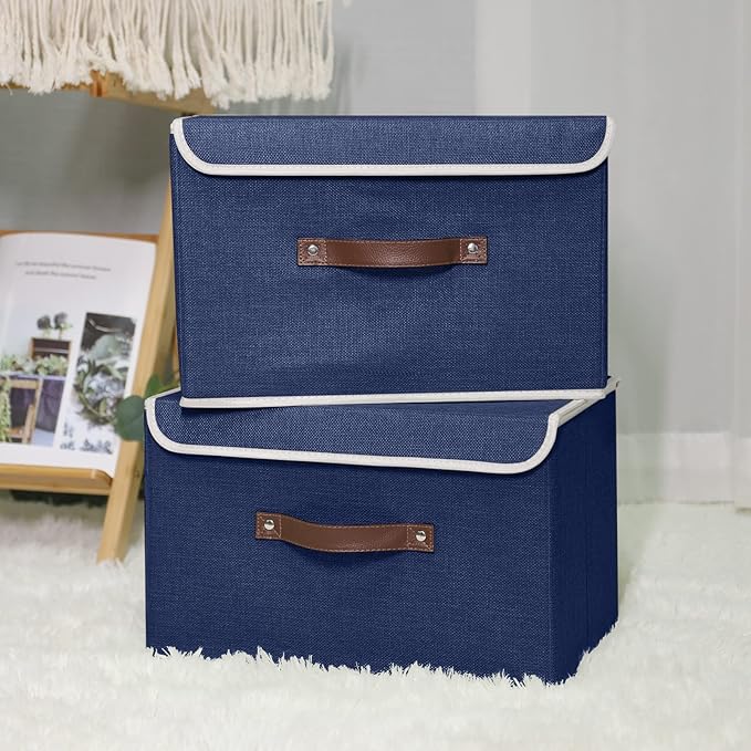 ANMINY 4PCS Storage Bins with Lid PU Leather Handles Storage Boxes PP Plastic Board Decorative Foldable Lidded Cotton Linen Fabric Home Cubes Baskets Closet Organizer Containers - Blue, Large Size-Ruum Studio Home