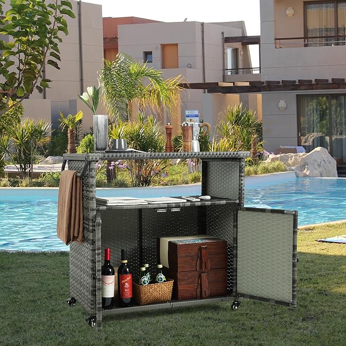 Wicker Outdoor Bar Cart - Gray Gradient Patio Console Storage Table Buffet Cabinet Serving Kitchen Cart with Wheels for Outside Backyard-Ruum Studio Home