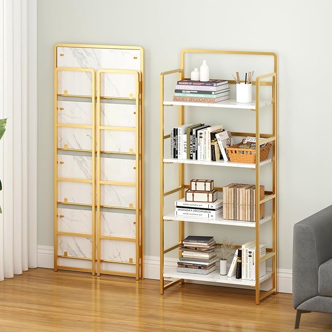 4NM No Assembly Foldable Bookshelf, 4-Shelf Collapsible Bookcase Storage for Small Spaces, 54" H, White and Golden-Ruum Studio Home