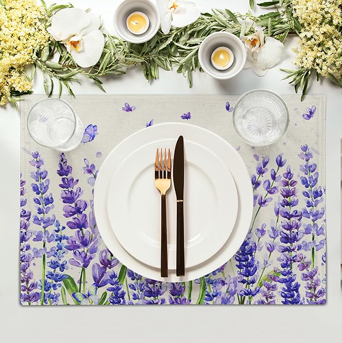 Lavender Placemats Set of 4 Purple Flower Butterfly Linen Fabric Table Mats Seasonal Spring Summer Rustic Floral Placemat Farmhouse Decorative Washable Place Mats for Home Kitchen Dining Table-Ruum Studio Home