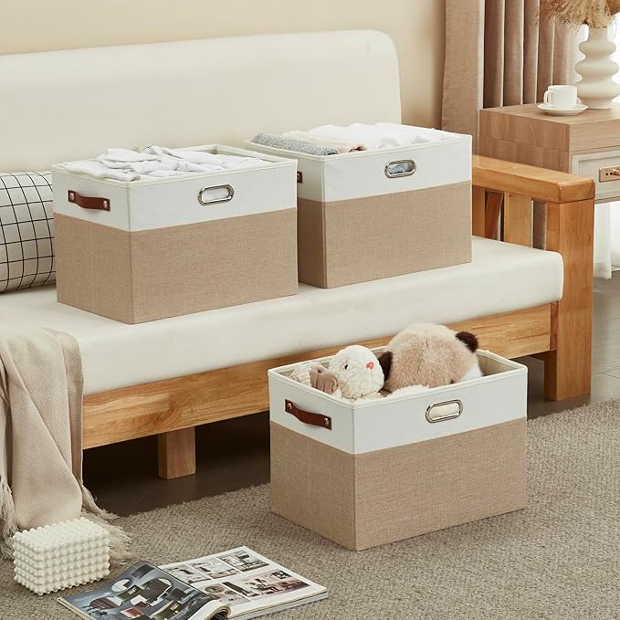 Large Collapsible Fabric Storage Bins with 3 Handles, Foldable Organizer Baskets for Closet, Shelves, Living Room | 3 Pack, Durable PU & Metal Handles (17"x11.8"x11.8", Beige & White)-Ruum Studio Home