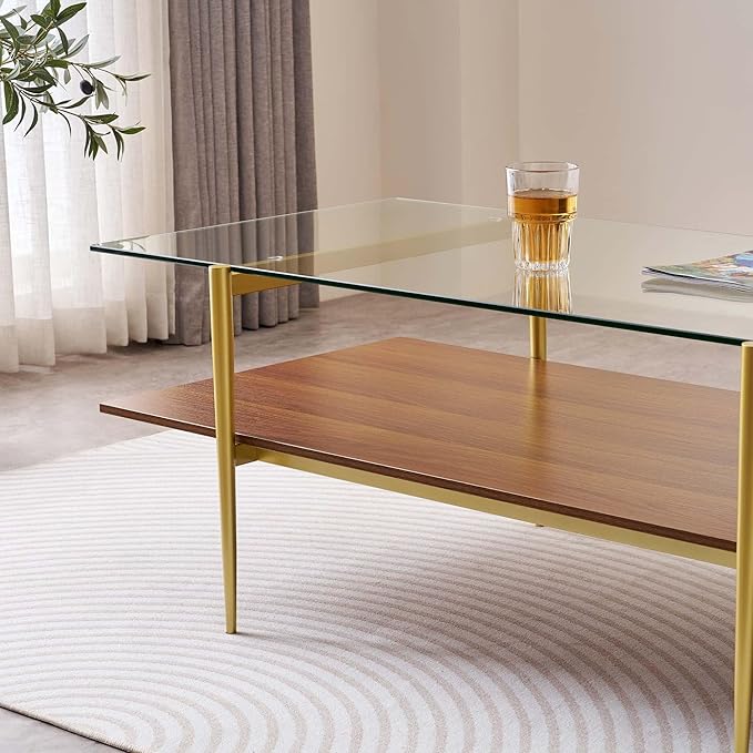 X-Large Rectangle Glass Coffee Table, Mid-Century Modern Design, for Living Room, L47 x W24 x H17 Inch, Clear Glass Top and Walnut MDF Shelf, Sleek Conical Legs with Gold Finish Frame-Ruum Studio Home