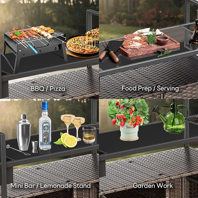 Outdoor Bar Cart with Storage Cabinet, Outdoor Grill Cart with Wheels, Rattan Bar Cart with Tempered Glass Tabletop, Outdoor Buffet Cabinet Table Cart for Mini Bar, BBQ, Food Serving, Brown Wicker-Ruum Studio Home
