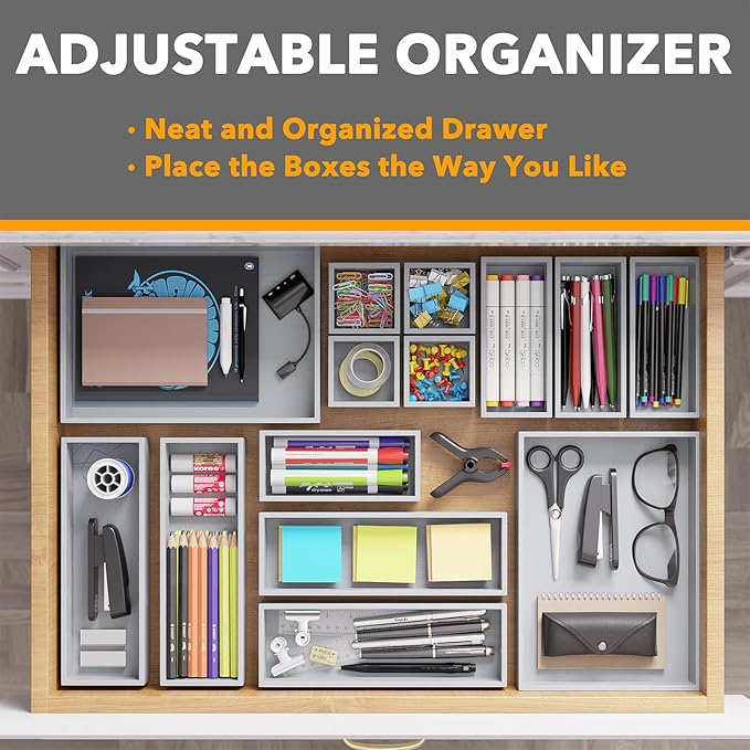 SpaceAid 14-Piece Bamboo Drawer Organizer Storage Boxes Set, Wood Tray Junk Drawer Organizers Multi-Use Divider Bins for Kitchen, Bathroom, Office Desk and Makeup Organization (14 Pack, Gray)-Ruum Studio Home