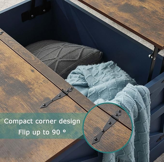 Blue Coffee Table with Storage, Cocktail Table with Hinged Lift Top, Farmhouse Square Wood Center Table with Large Hidden Storage Compartment for Living Room, Square Coffee Table, Metal Edges Decor-Ruum Studio Home