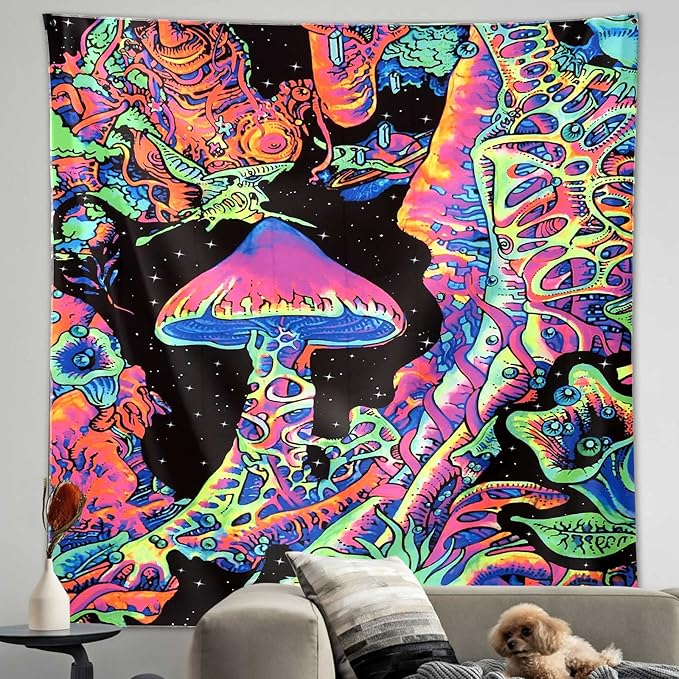 ADDWel Blacklight Mushroom Tapestry, Upright Tapestry Glow In The Dark, UV Reactive Black Light Tapestries Posters Wall Hanging for Bedroom Dorm Living Room Backdrop Decor (mushroom, 30" x 40")-Ruum Studio Home