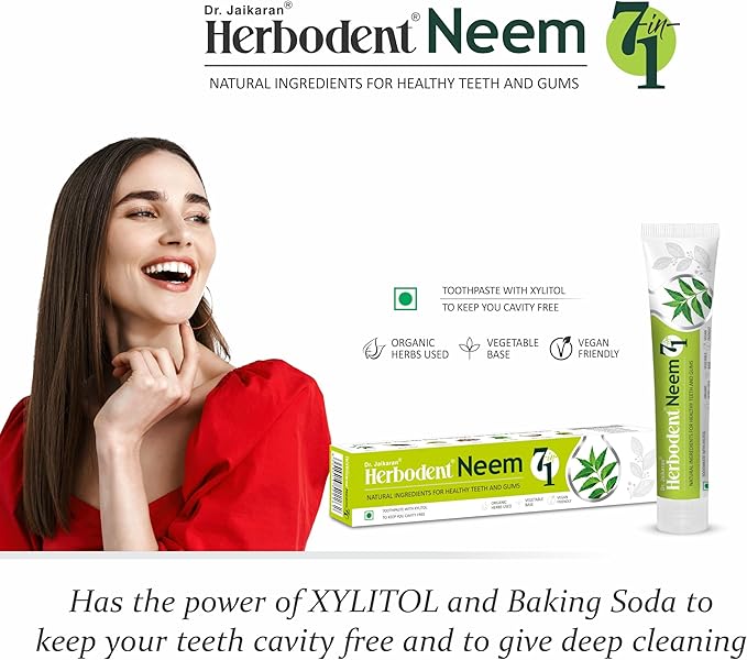 Herbodent® NEEM 7 in 1 Toothpaste-6.53Oz Pack of 1 | Organic Herbs-Neem, Black Seed & Xylitol for Anti Cavity, Cardamom & Mint for Freshness, Baking Soda for Great Cleaning-No Fluoride & No Paraben-Ruum Studio Home