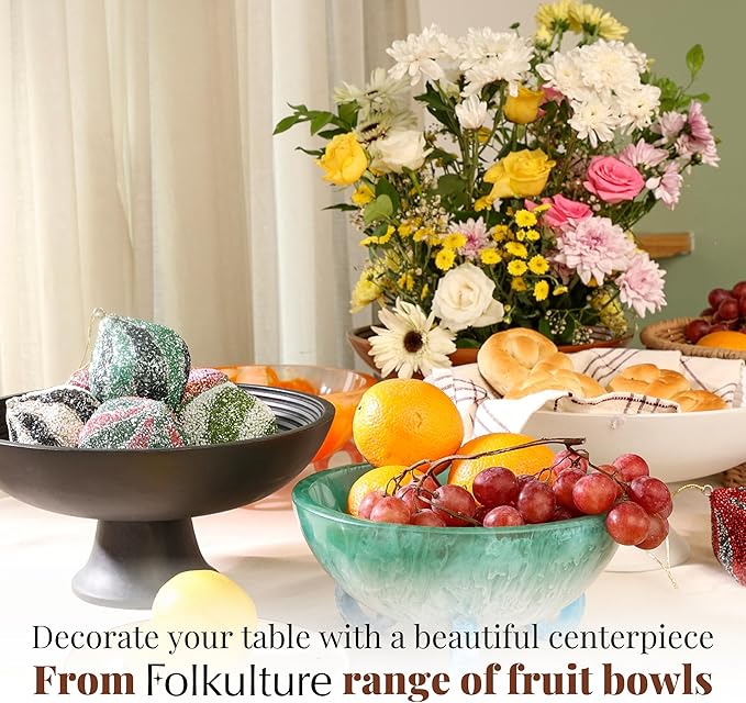 Folkulture Wooden Fruit Bowl for Kitchen Counter | 12" Large Premium Eco Friendly Banana Fruit Basket for Kitchen | Black Wood Bowl with Holder, Pedestal for Table Decor, Centerpiece for Dining Table-Ruum Studio Home