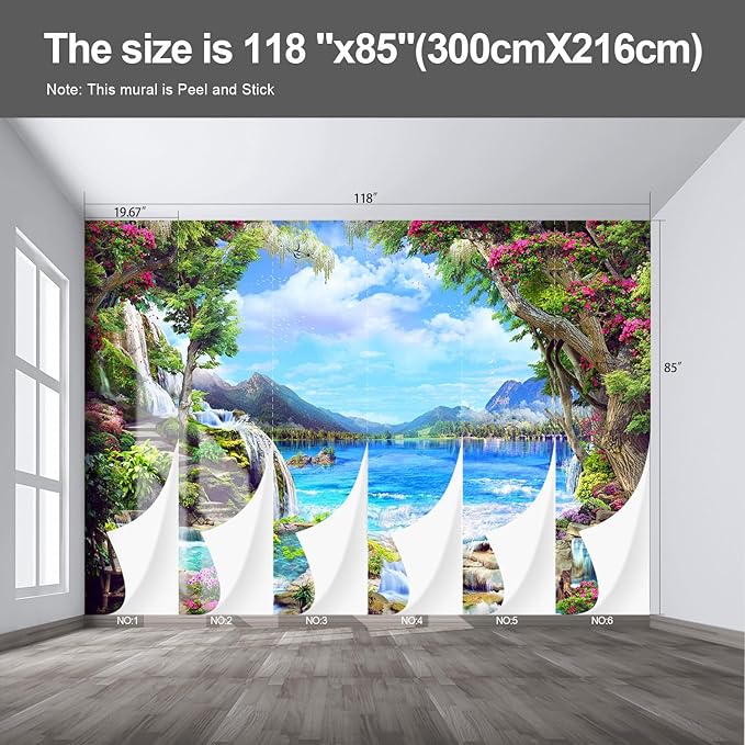 Landscape Lake Waterfall Wall murals Peel and Stick Wallpaper for Bedroom Living Room - 85"x118"-Ruum Studio Home