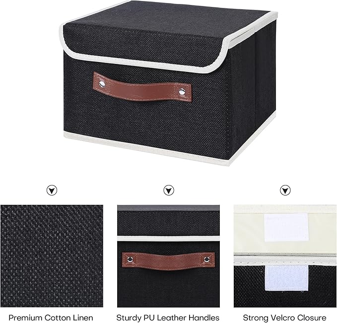 ANMINY 2PCS Storage Bins with Lid PU Leather Handles Storage Boxes PP Plastic Board Decorative Foldable Lidded Cotton Linen Fabric Home Cubes Baskets Closet Organizer Containers - Black, Small Size-Ruum Studio Home