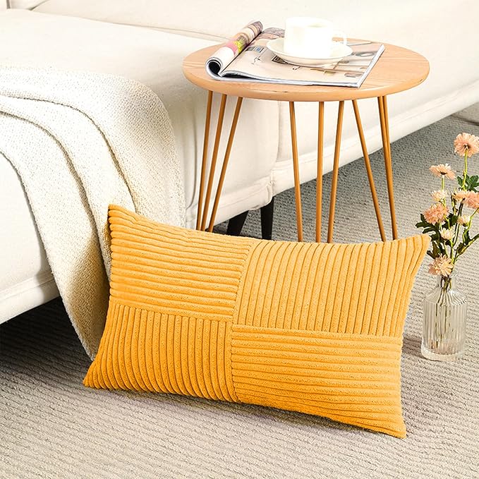 Fancy Homi 2 Packs Gold Yellow Lumbar Decorative Throw Pillow Covers 12x20 Inch for Couch Bed Sofa, Rustic Farmhouse Boho Spring Home Decor, Soft Striped Corduroy Rectangle Accent Cushion Case 30x50cm-Ruum Studio Home