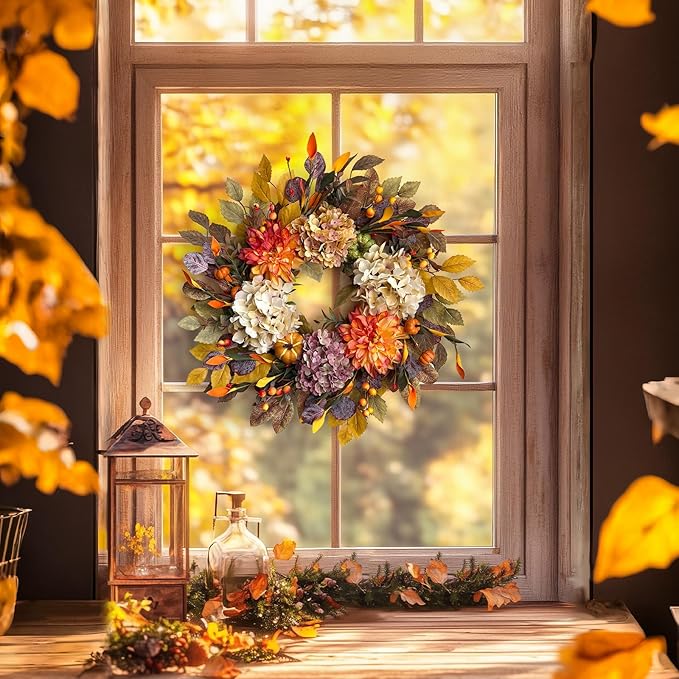 24Inch Fall Wreaths for Front Door,Fall Wreath with Beige Hydrangea,Orange Dahlia Artificial Flowers,Pumpkins,Autumn Wreaths for Harvest Thanksgiving Halloween Indoor Outdoor Home Decor-Ruum Studio Home