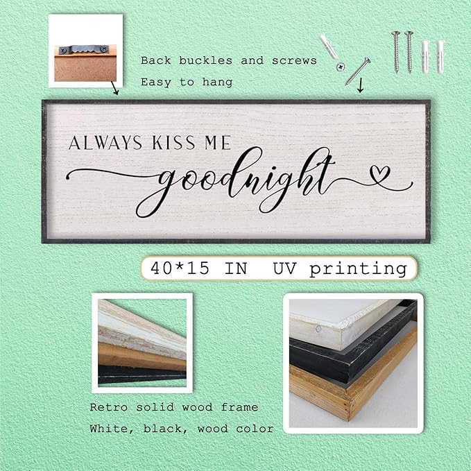 LuZhiQiang Above Bed Love Theme Wall Decor Always Kiss Me Goodnight Sign 40"×15" Wood Framed for Master Bedroom Over Bed Wall Art (Black)-Ruum Studio Home