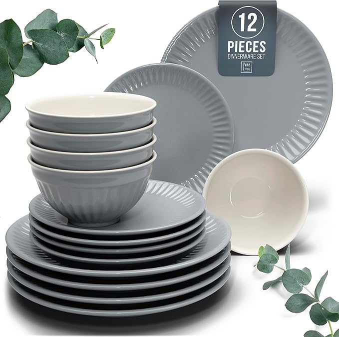 Stoneware Dinnerware Set for 4 People HYGGE 12-Piece - Elegant Scandi Design - Premium Dish Set - Bowl and Plate Set - Tableware for 4 People in a Ribbed Design - Pure Living in Gray-Blue-Ruum Studio Home