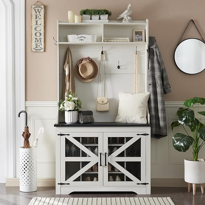 JXQTLINGMU 42" Farmhouse Hall Tree with Shoe Storage, Entryway Bench with 12 Cubbies, 7 Hooks & Barn Doors, Mudroom Coat Rack Cabinet, Off White-Ruum Studio Home