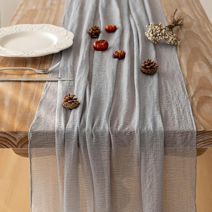 3pcs Dusty Blue Gauze Rustic Cheesecloth Table Runner 120 Inch 10 FT for Wedding Baby Shower Bridal Shower Birthday Engagement Garden Outdoor Party Long Sheer Boho Decorations-Ruum Studio Home