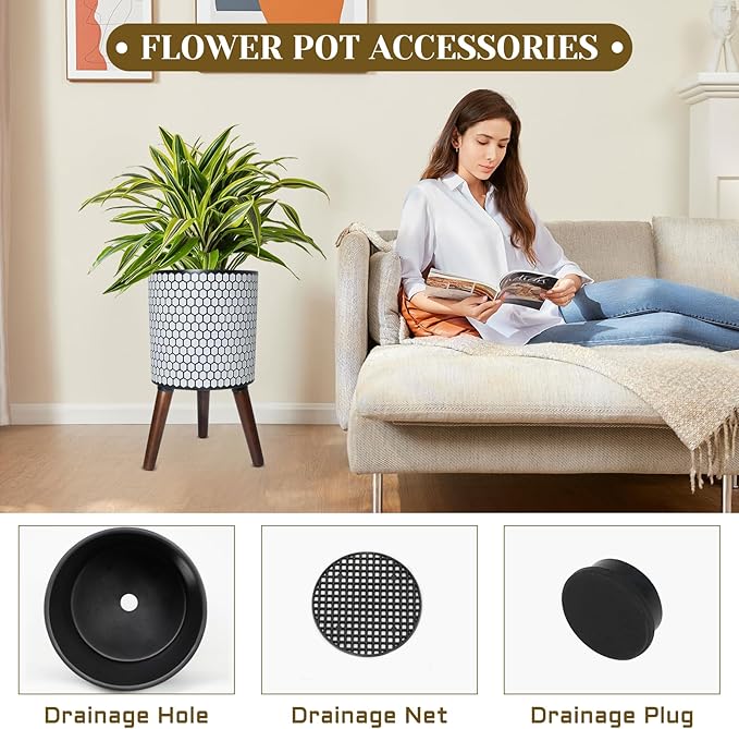 Flower Pot with Legs Tall Flower Pot with Drainage Holes for Indoor and Outdoor Decorative Planting (White Black Honeycomb, 12 Inches)-Ruum Studio Home